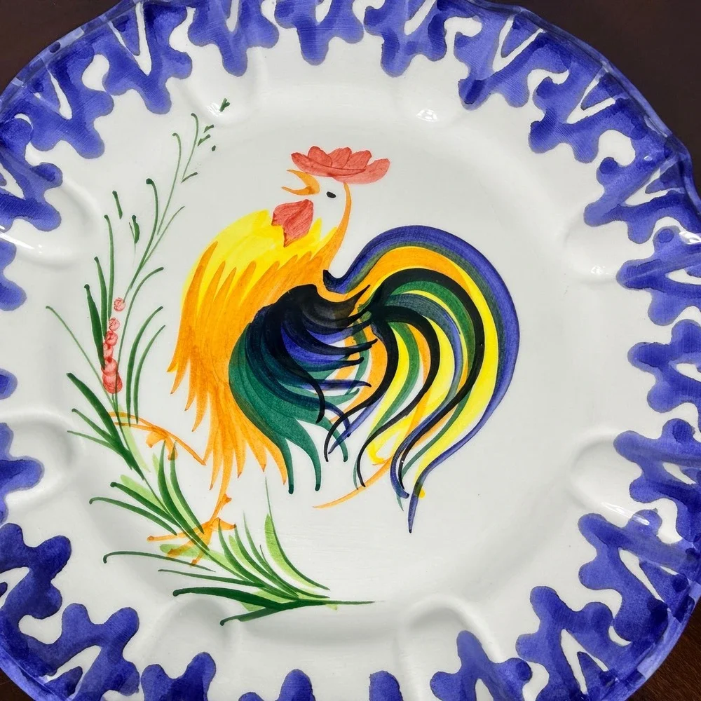 Vintage Zanolli Italy Hand Painted Rooster Majolica Plates Set of 2 Tuscan Decor